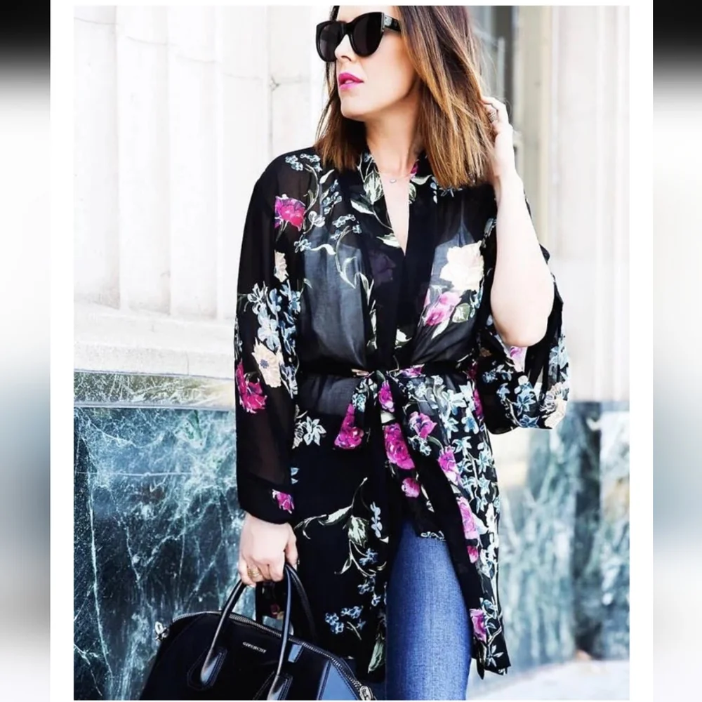 helena Quinn Georgette Kimono Coverup Sheer Black Floral One Size Fits All - Picture 5 of 16